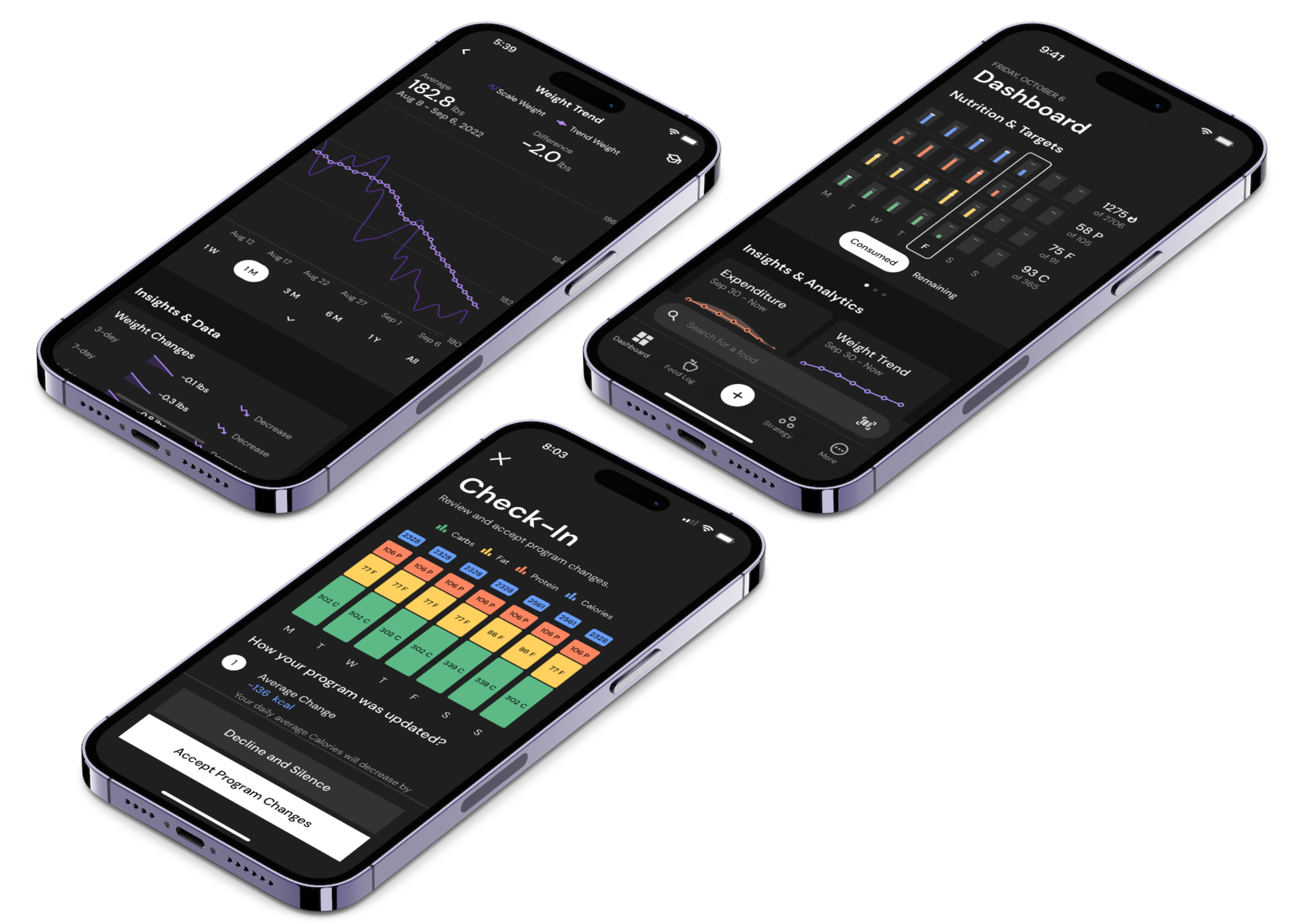 Three phones display MacroFactor's Weight Trend, Dashboard, and Check-In pages.