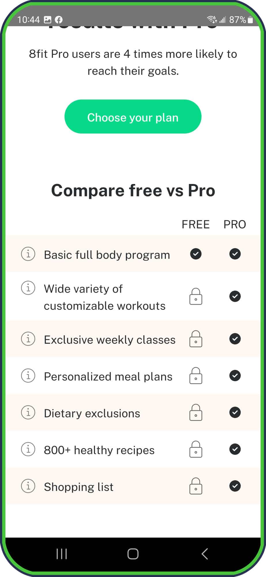 8Fit Free vs Pro plan