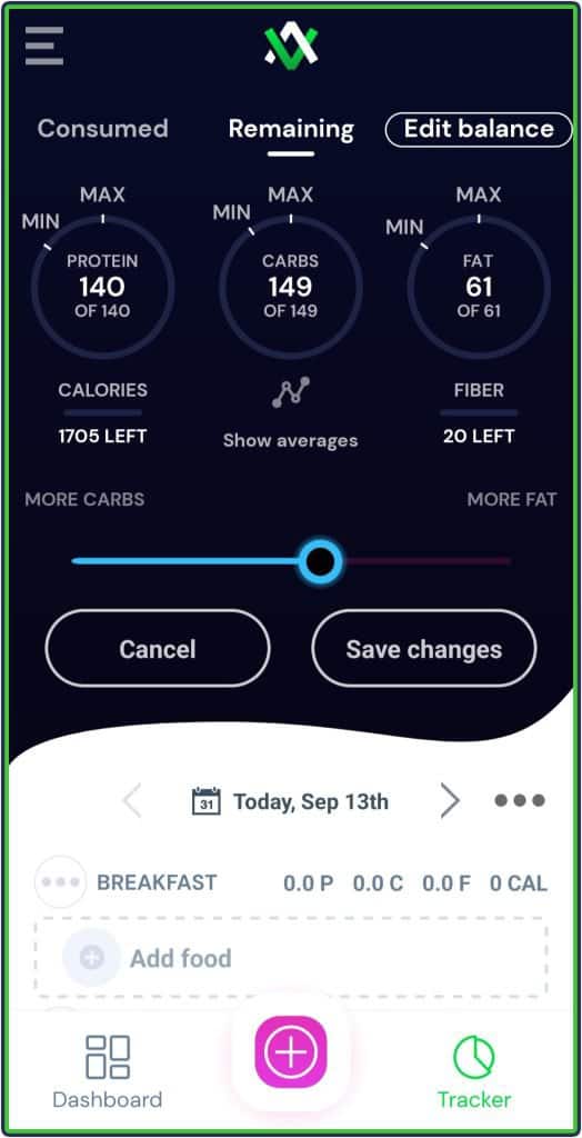 Avatar app carb and calorie adjustment