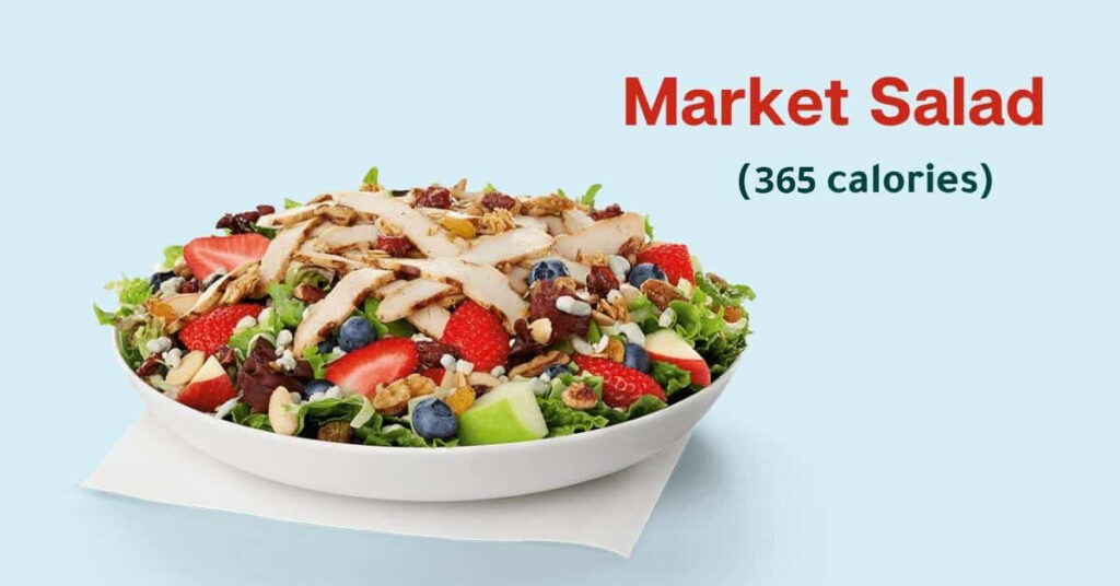 Chick-fil-A: market salad-half dressing, half granola, half roasted almonds (365 calories)