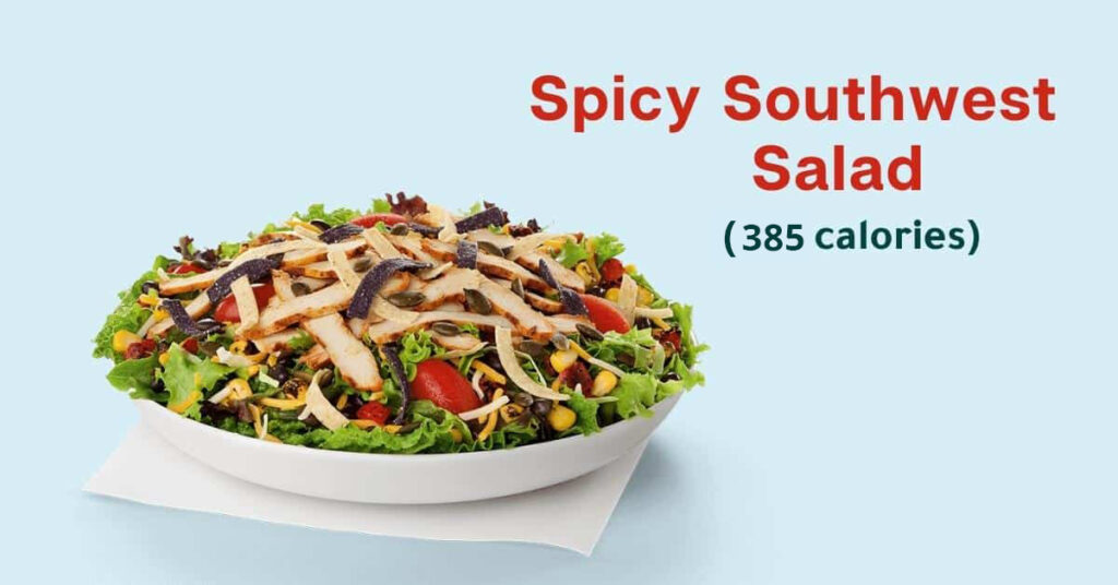 Chick-fil-A: spicy southwest salad-no chicken, half dressing, half pepitas (385 calories)