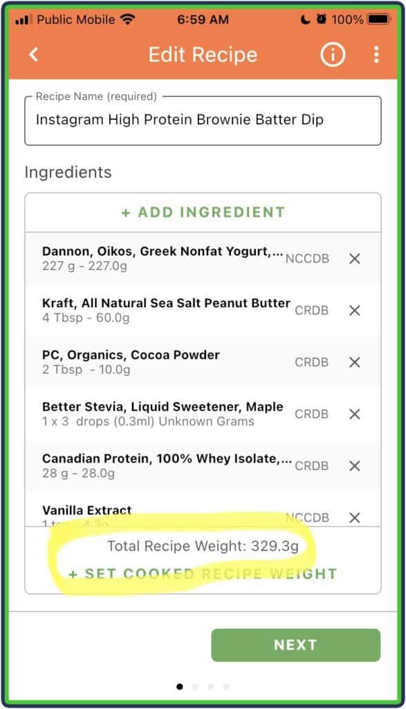 Cronometer recipe total weight