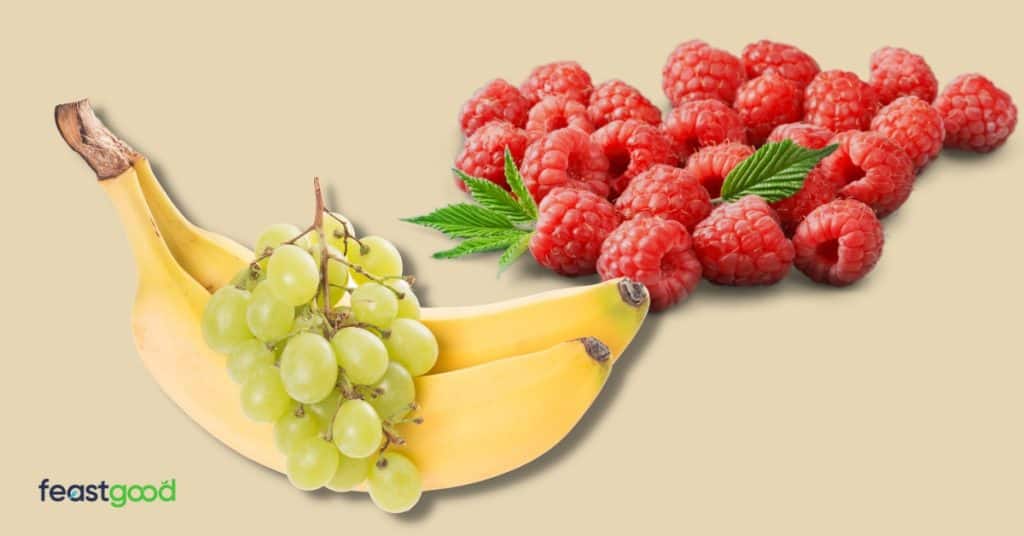 Fruit bowl: grapes, raspberries & banana