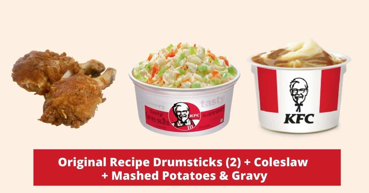 KFC original recipe drumsticks (2) + coleslaw + mashed potatoes & gravy