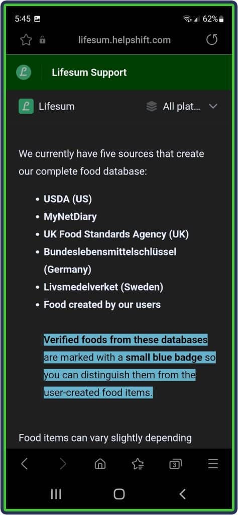 Lifesum App - large food database