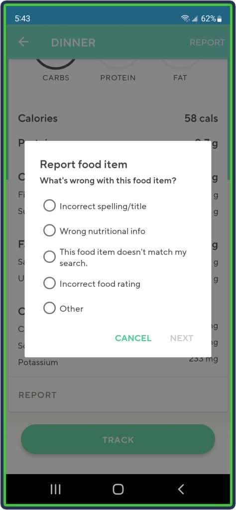 Lifesum App - report food item section