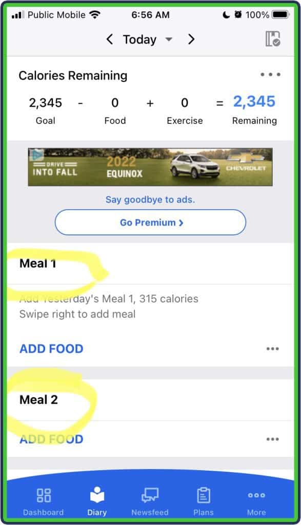 MyFitnessPal diary meal groupings