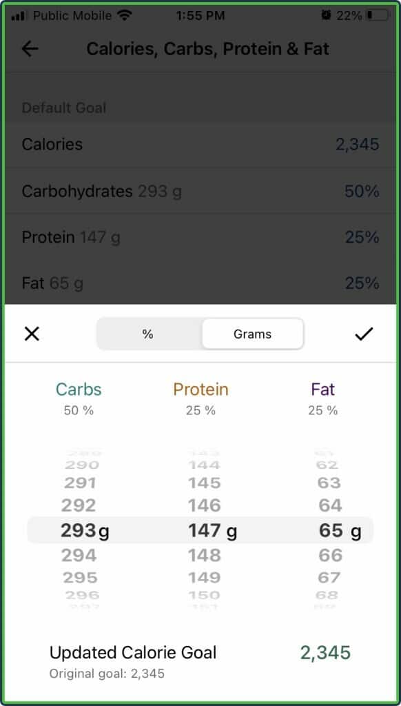 MyFitnessPal premium targets by grams