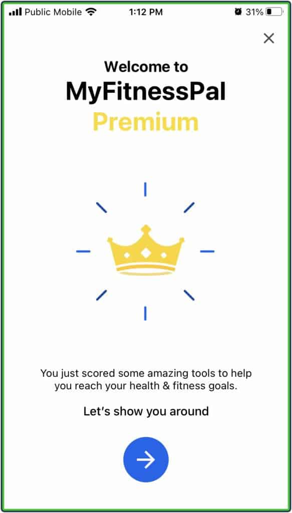 MyFitnessPal premium welcome screen