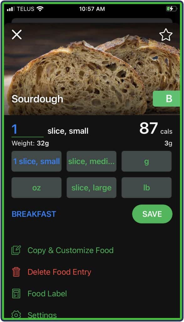 MyNetDiary sourdough nutrition - Grade B