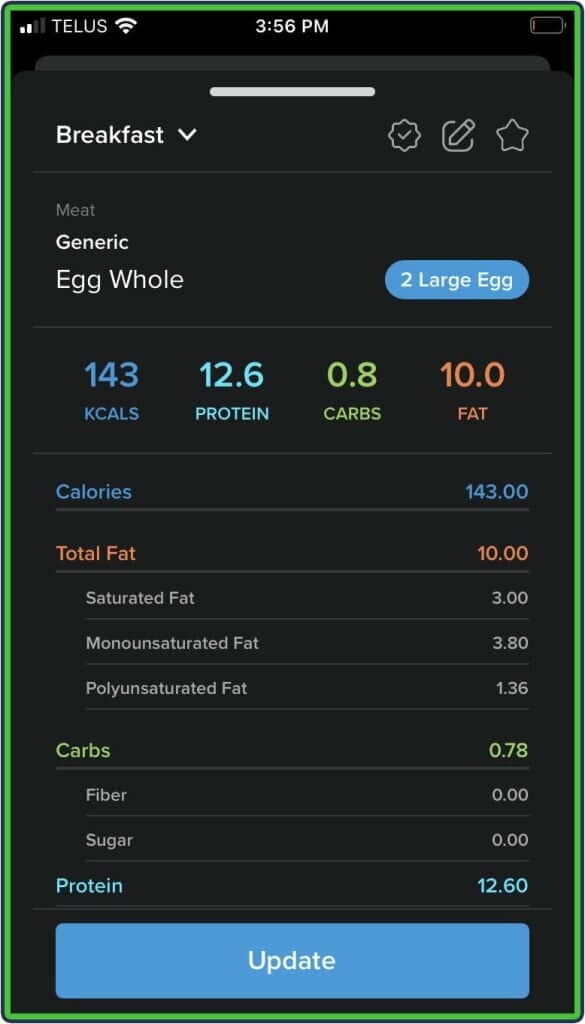 Mymacros+ food nutrients