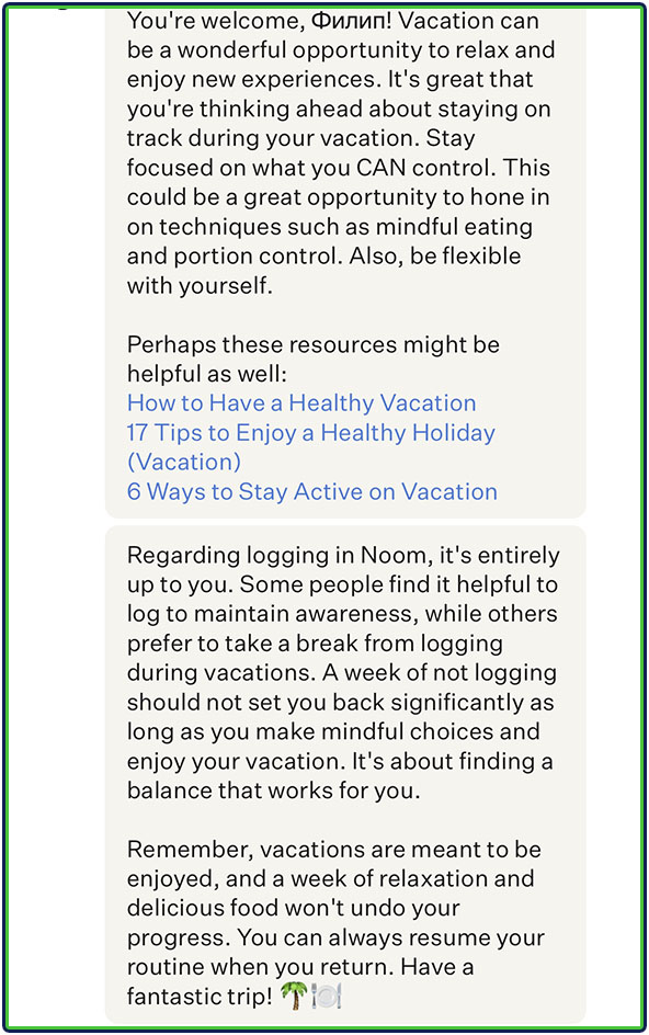 Noom Guides -  tracking nutrition while on vacation: question and answer