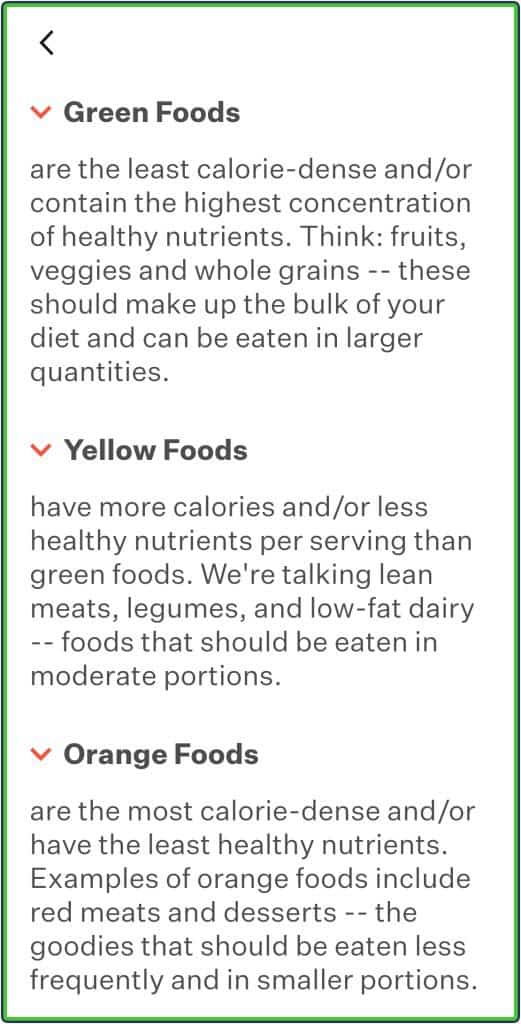 Noom green, yellow, and orange foods categories