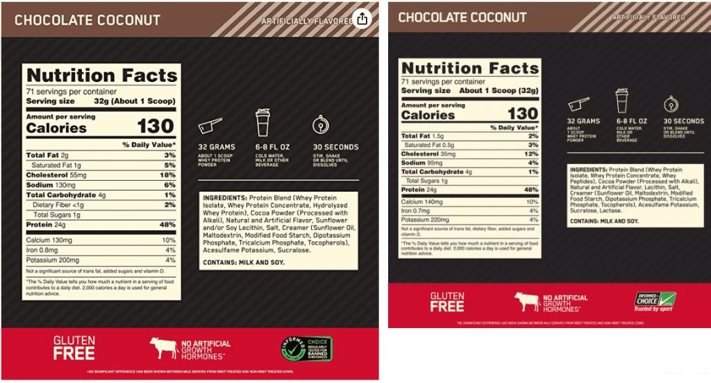 Optimum Nutrition chocolate coconut nutrition labels