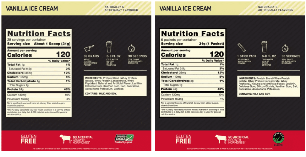 Optimum Nutrition website displayed different labels for the same flavor