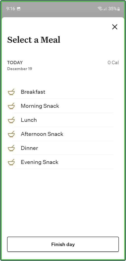 Noom - Select a Meal list