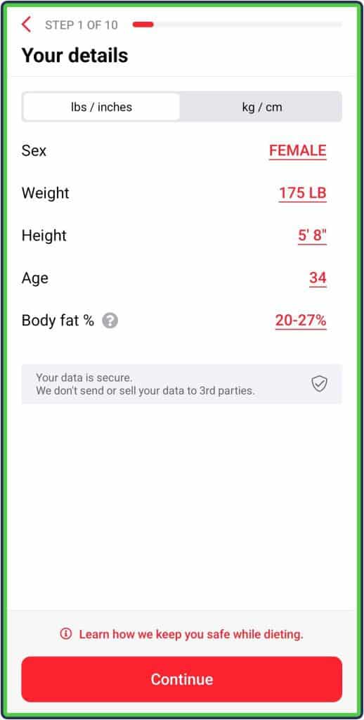 RP diet: setting up the app - your details