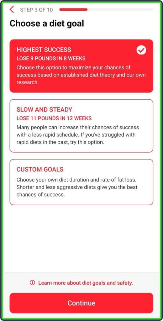 RP diet: setting up the app - choosing a diet goal