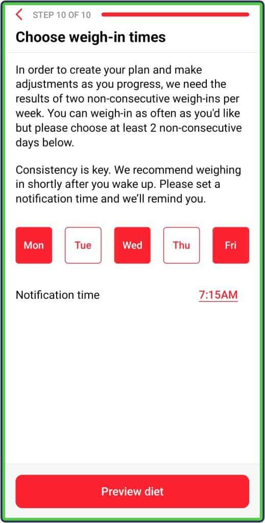 RP diet: setting up the app - Choose weigh-in times