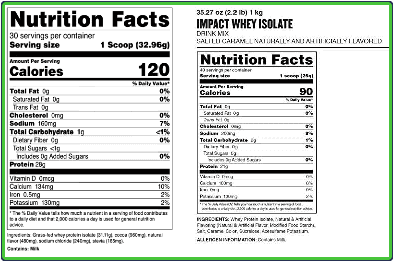 Transparent Labs and MyProtein nutrition facts panel 