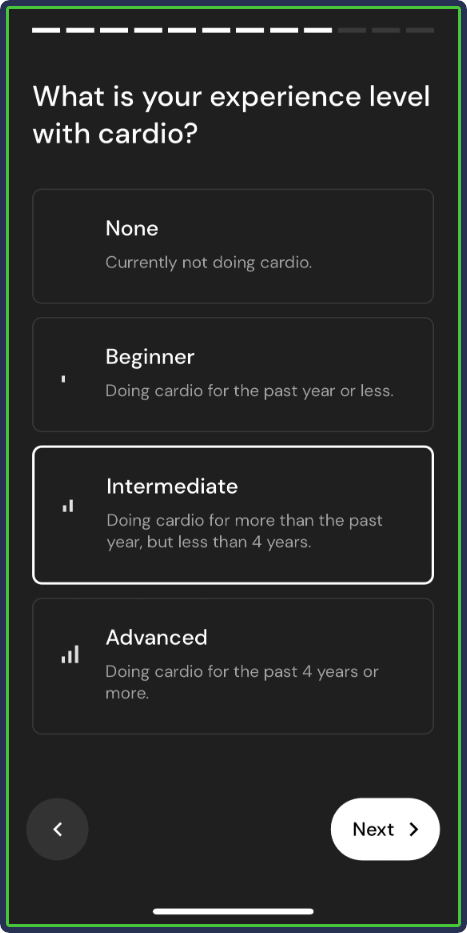 MacroFactor: Setting profile - what is your experience level with cardio?