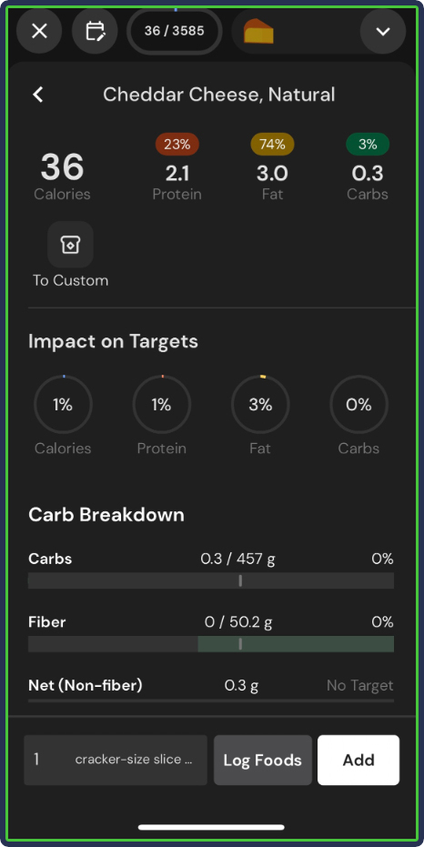 MacroFactor: Logging first meal - variety of foods nutritional breakdown