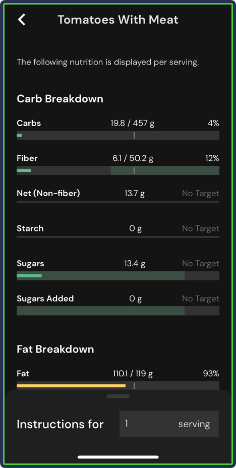 MacroFactor: Prepare Recipes - nutrition displayed per serving