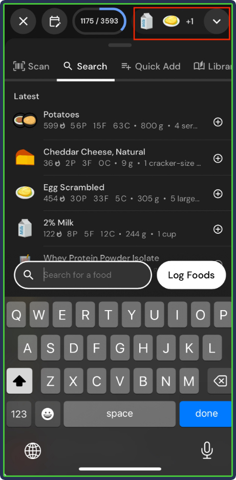 MacroFactor: Logging first meal - food items on the top right