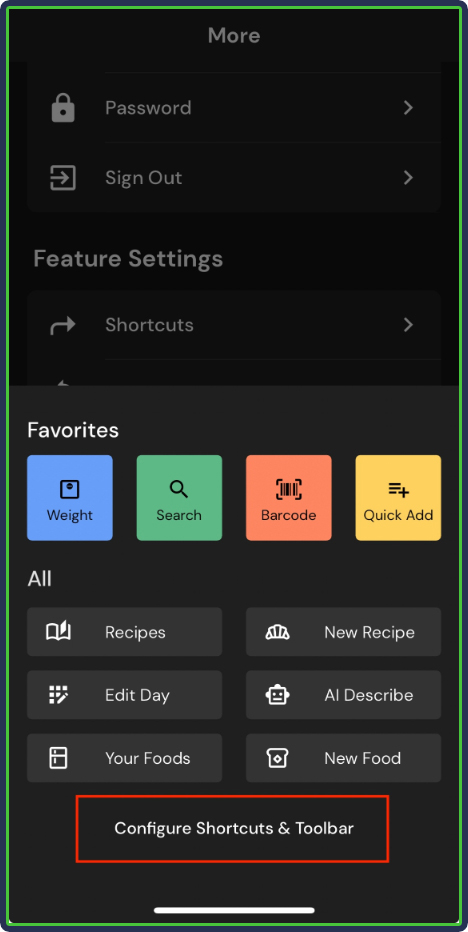 MacroFactor: Configure Shortcuts and Toolbar