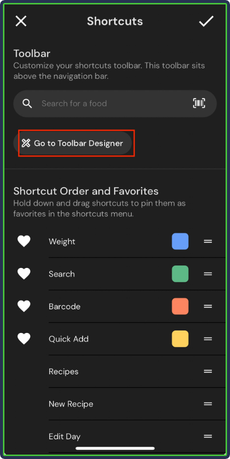 MacroFactor: Configure Shortcuts and Toolbar designer