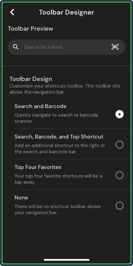 MacroFactor: Configure Shortcuts and Toolbar - search and barcode