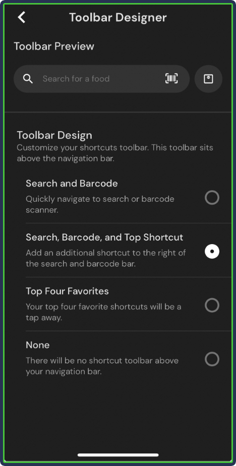 MacroFactor: Configure Shortcuts and Toolbar - search, barcode, and top shortcut