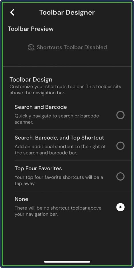 MacroFactor: Configure Shortcuts and Toolbar - top four favorites - none option