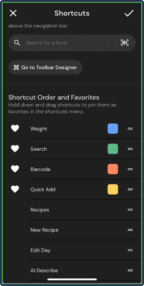 MacroFactor: Configure Shortcuts and Toolbar - re-arrange shortcuts