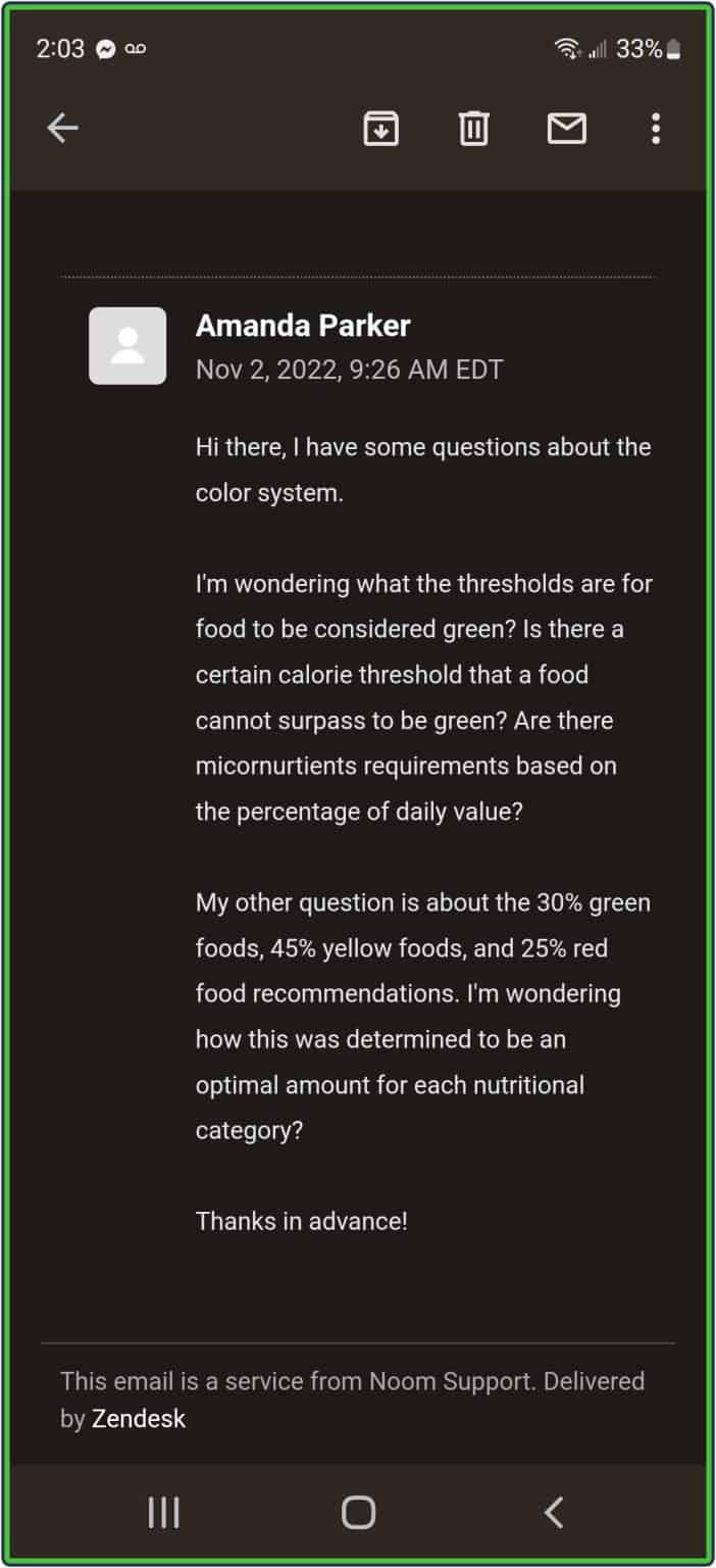 email to Noom for clarification on what the actual thresholds are for a particular food to be considered “green”