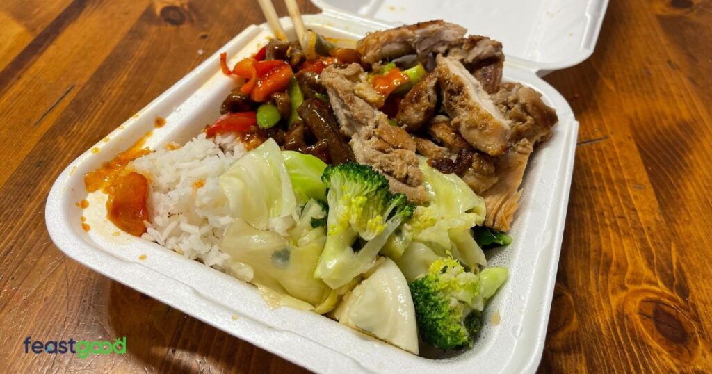 Panda Express Cutting Meal #3: Teriyaki Chicken and Black Pepper Angus Steak With Rice & Super Greens (775 Calories)